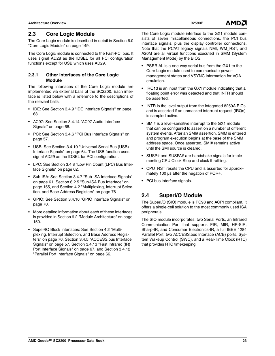 3 core logic module, 1 other interfaces of the core logic module, 4 superi/o module | AMD Geode SC2200 User Manual | Page 23 / 429