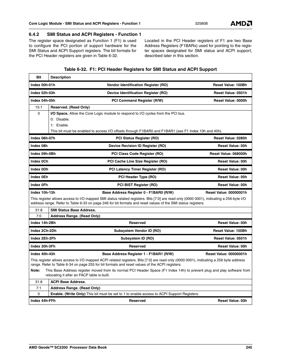 2 smi status and acpi registers - function 1, Table 6-32, Table 6-32) | AMD Geode SC2200 User Manual | Page 235 / 429