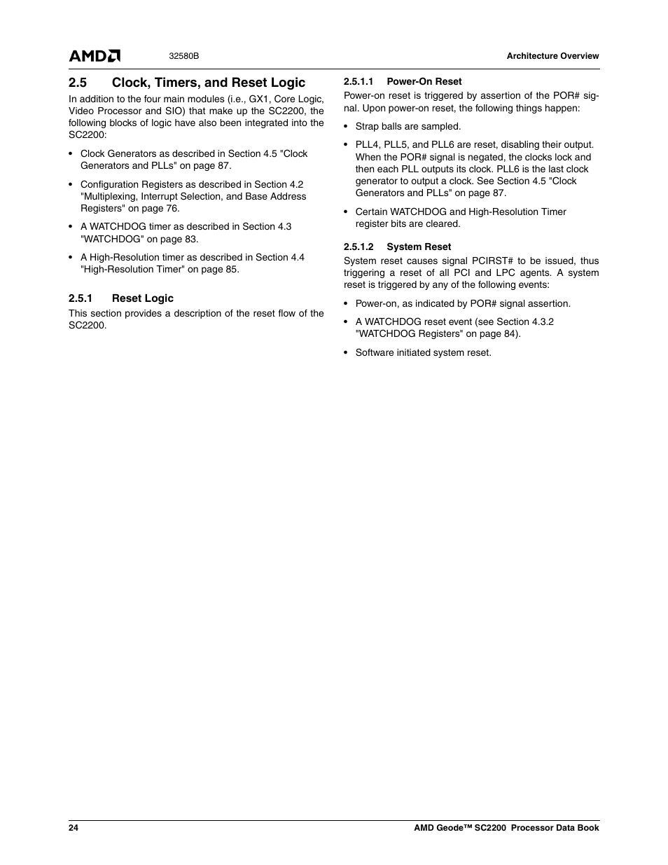 5 clock, timers, and reset logic, 1 reset logic, 1 power-on reset | 2 system reset | AMD Geode SC2200 User Manual | Page 24 / 429