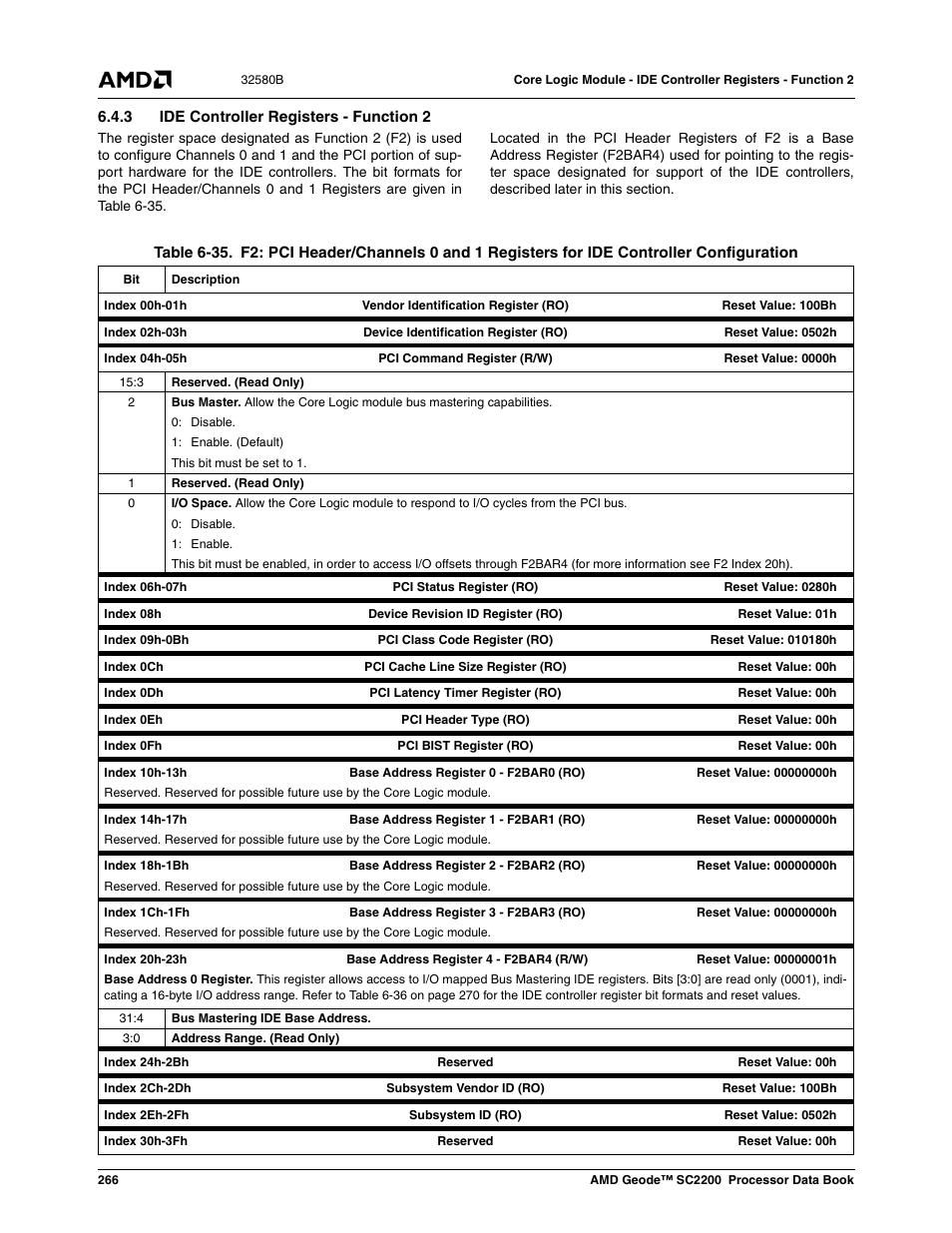 3 ide controller registers - function 2, Table 6-35, Table 6-35) | AMD Geode SC2200 User Manual | Page 254 / 429