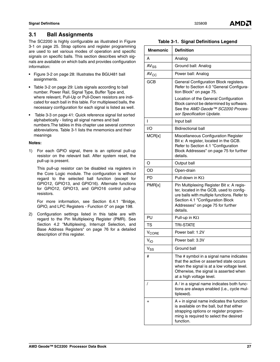 1 ball assignments, Table 3-1, Signal definitions legend | Section 3.1 "ball assignments": pro | AMD Geode SC2200 User Manual | Page 27 / 429