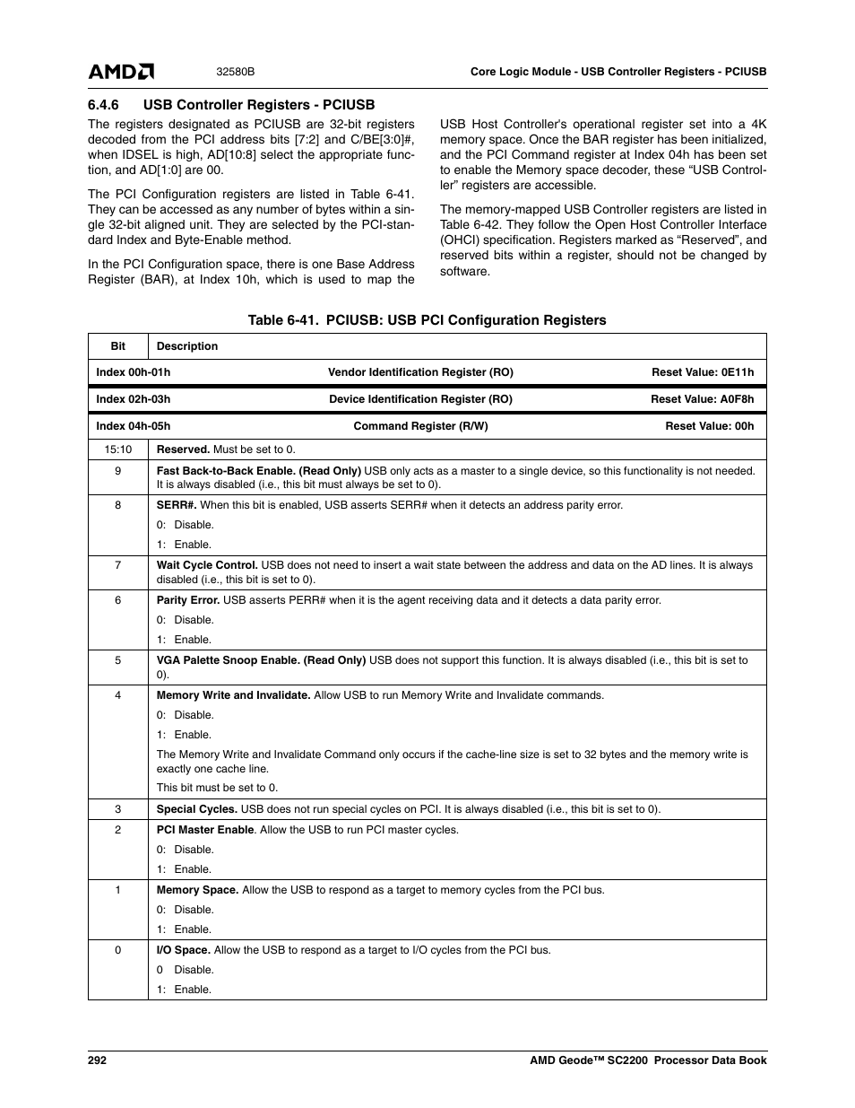 6 usb controller registers - pciusb, Table 6-41, Pciusb: usb pci configuration registers | Table 6-41) | AMD Geode SC2200 User Manual | Page 280 / 429