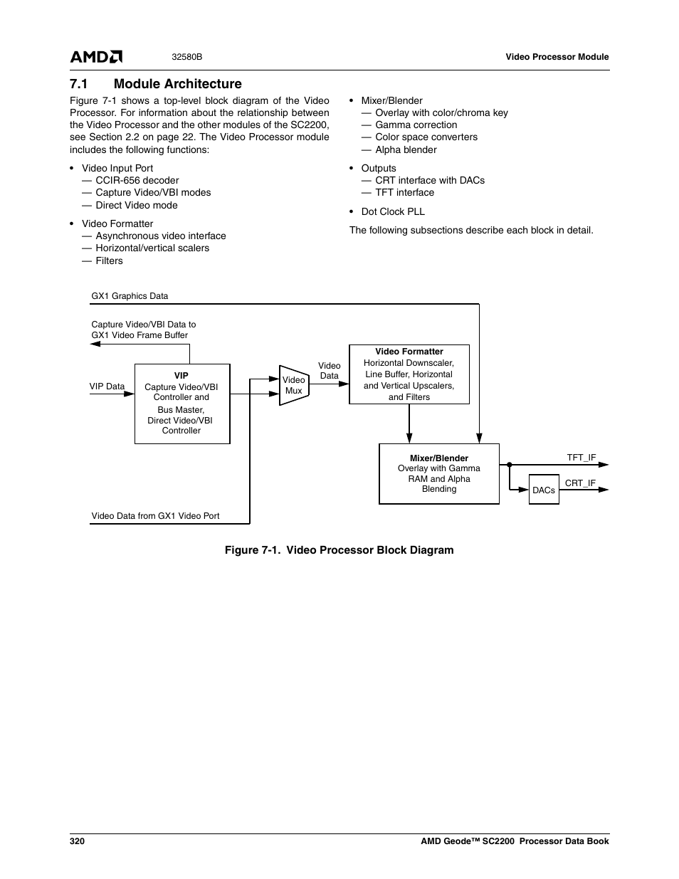 1 module architecture, Figure 7-1, Video processor block diagram | AMD Geode SC2200 User Manual | Page 308 / 429