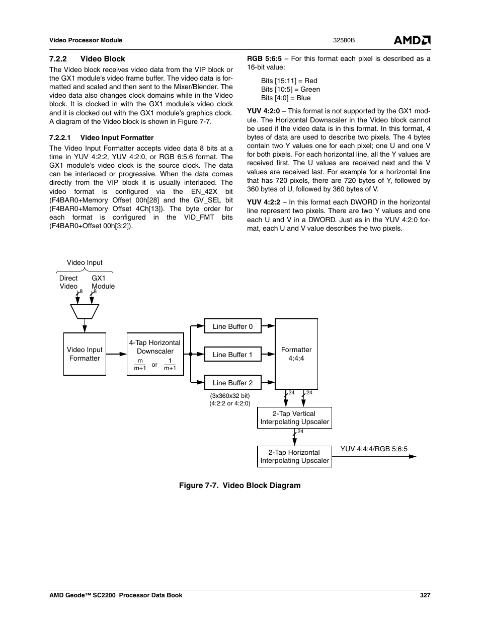 2 video block, 1 video input formatter, Figure 7-7 | Video block diagram | AMD Geode SC2200 User Manual | Page 315 / 429