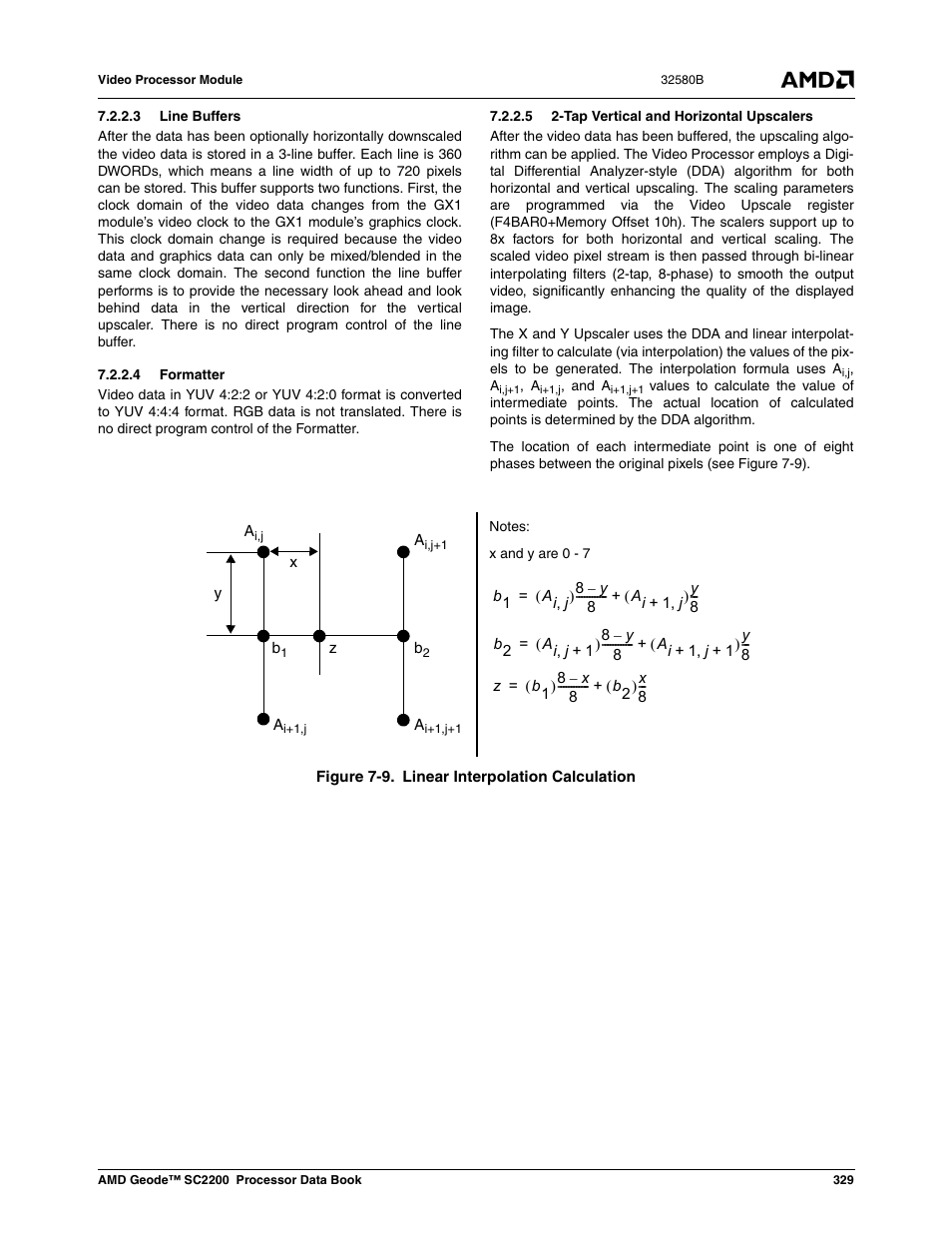 3 line buffers, 4 formatter, 5 2-tap vertical and horizontal upscalers | Figure 7-9, Linear interpolation calculation | AMD Geode SC2200 User Manual | Page 317 / 429