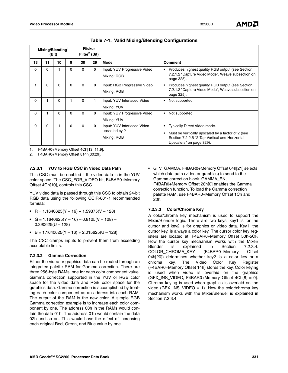 1 yuv to rgb csc in video data path, 2 gamma correction, 3 color/chroma key | Table 7-1, Valid mixing/blending configurations, Ee section 7.2.3.2) on th | AMD Geode SC2200 User Manual | Page 319 / 429