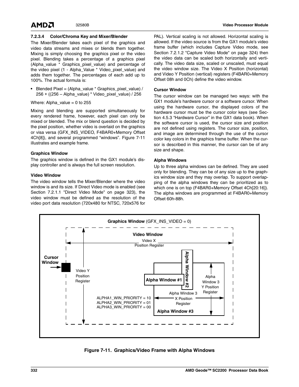 4 color/chroma key and mixer/blender, Figure 7-11, Graphics/video frame with alpha windows | Ed in section 7.2.3.4, Section 7.2.3.4 | AMD Geode SC2200 User Manual | Page 320 / 429