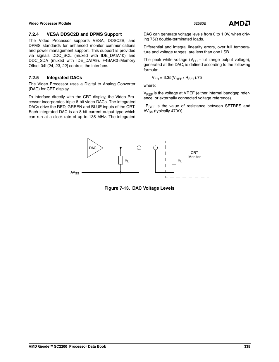 4 vesa ddsc2b and dpms support, 5 integrated dacs, Figure 7-13 | Dac voltage levels | AMD Geode SC2200 User Manual | Page 323 / 429