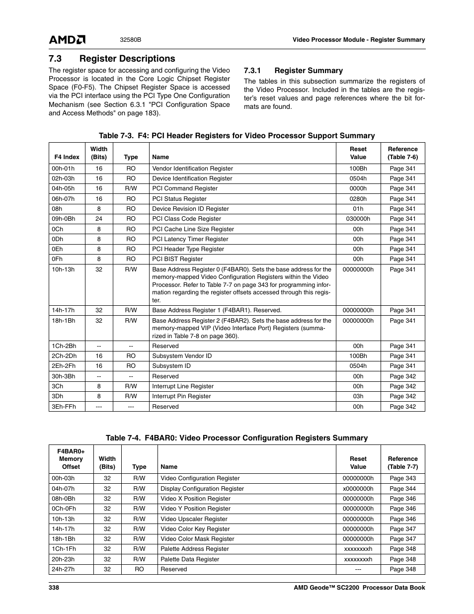 3 register descriptions, 1 register summary, Table 7-3 | Table 7-4 | AMD Geode SC2200 User Manual | Page 326 / 429