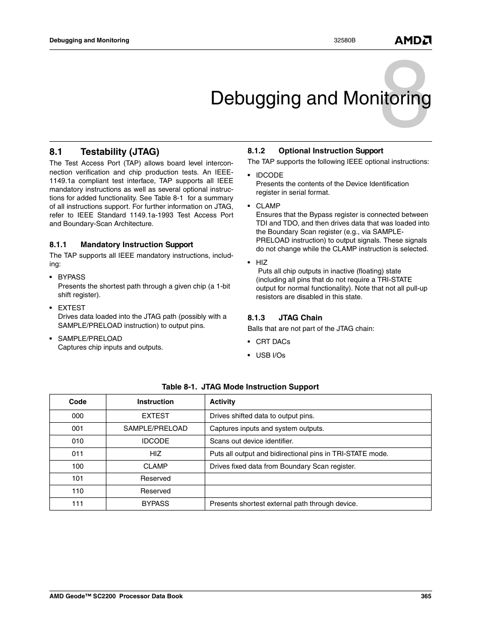 Debugging and monitoring, 1 testability (jtag), 1 mandatory instruction support | 2 optional instruction support, 3 jtag chain, Table 8-1, Jtag mode instruction support, 0 debugging and monitoring | AMD Geode SC2200 User Manual | Page 349 / 429