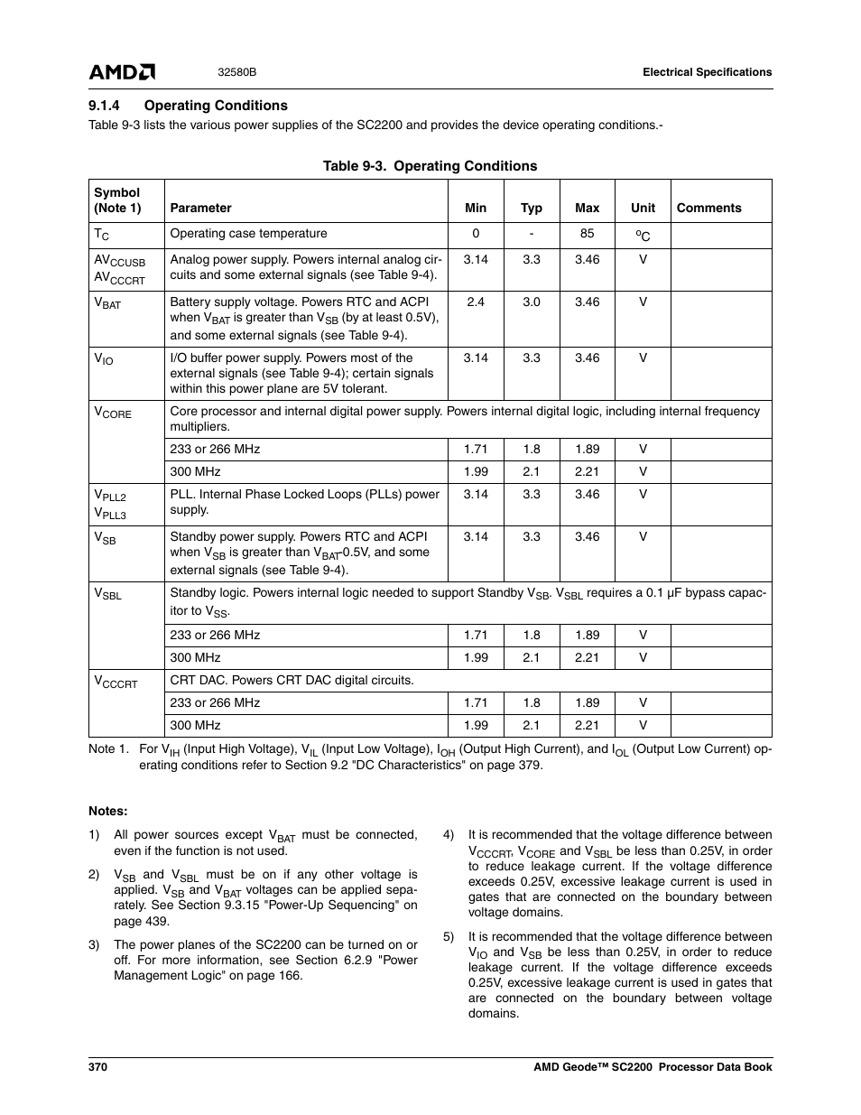 4 operating conditions, Table 9-3, Operating conditions | See table | AMD Geode SC2200 User Manual | Page 352 / 429