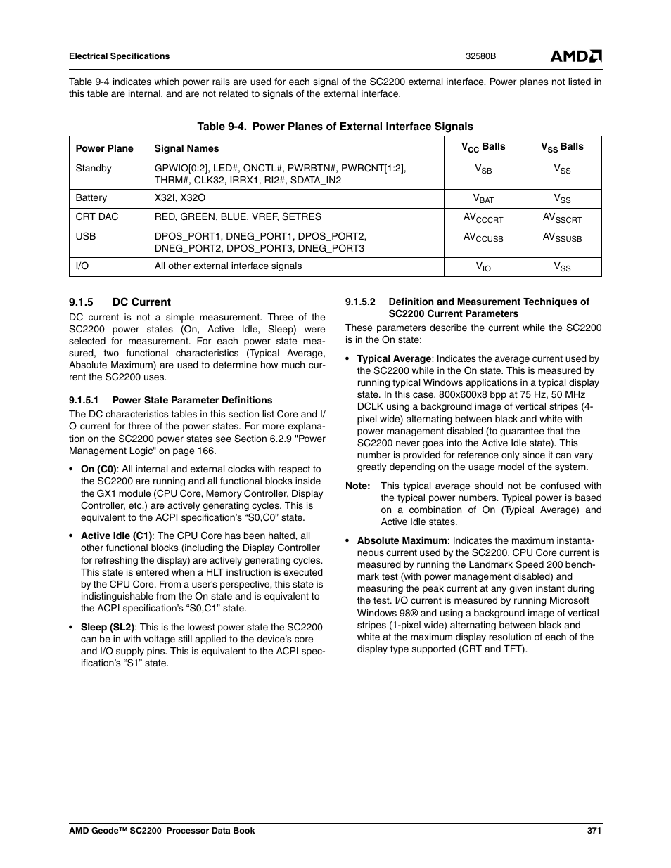 5 dc current, 1 power state parameter definitions, Table 9-4 | Power planes of external interface signals, S (see table 9-4), Table 9-4), 4); cer, Nals (see table 9-4) | AMD Geode SC2200 User Manual | Page 353 / 429