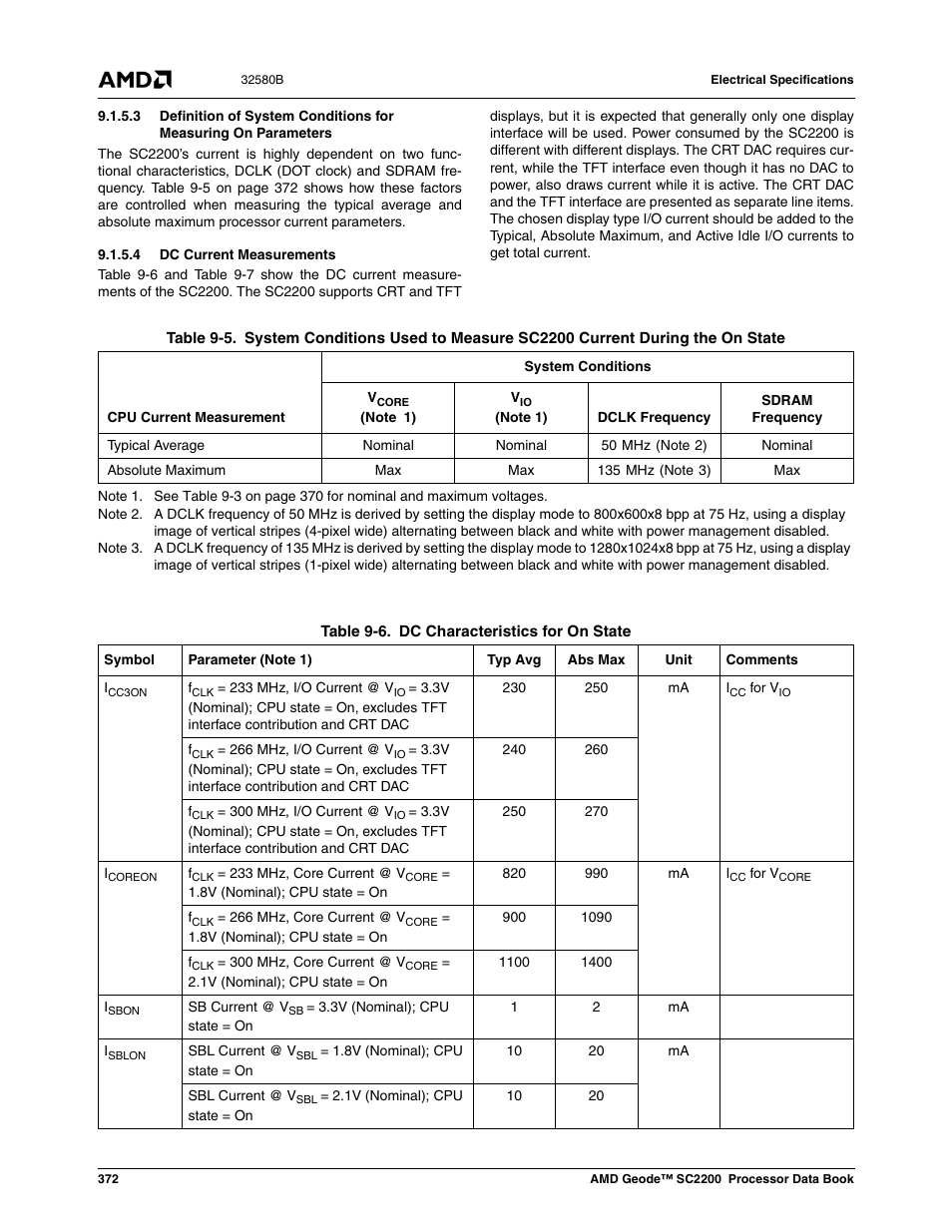 4 dc current measurements, Table 9-5, Table 9-6 | Dc characteristics for on state | AMD Geode SC2200 User Manual | Page 354 / 429