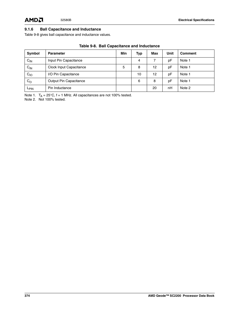 6 ball capacitance and inductance, Table 9-8, Ball capacitance and inductance | AMD Geode SC2200 User Manual | Page 356 / 429