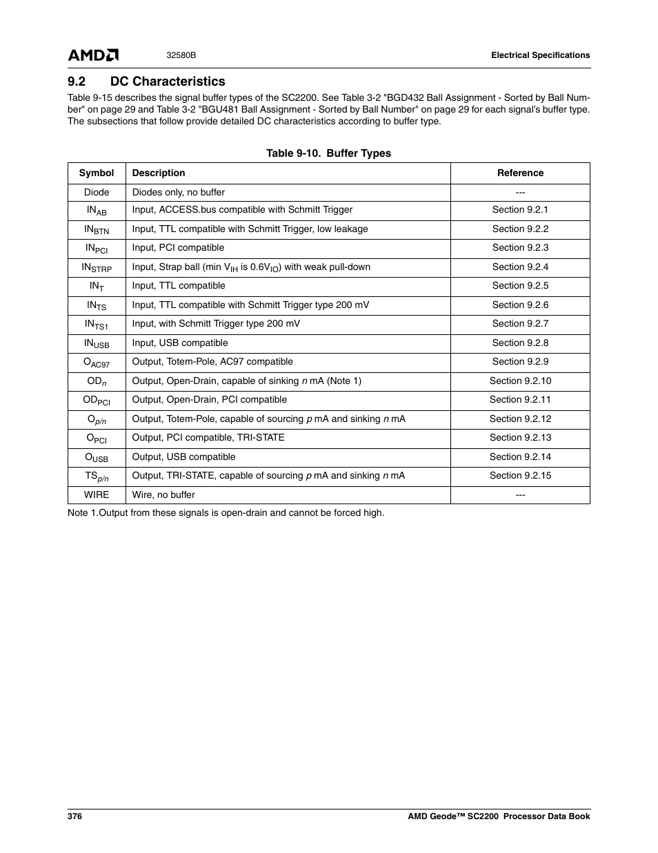 2 dc characteristics, Table 9-15, Buffer types | AMD Geode SC2200 User Manual | Page 358 / 429