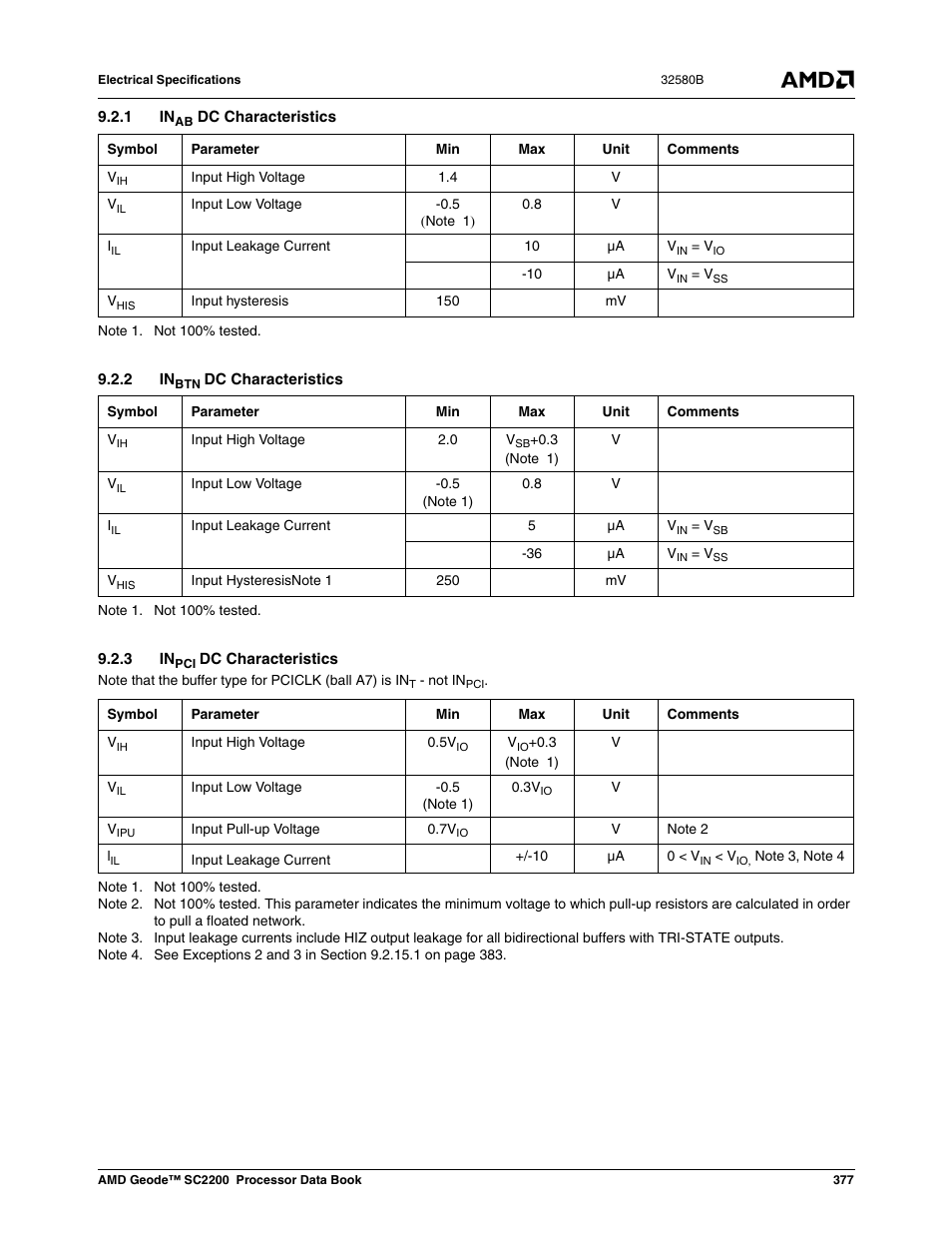 1 inab dc characteristics, 2 inbtn dc characteristics, 3 inpci dc characteristics | Section 9.2.1, Section 9.2.2, Section 9.2.3 | AMD Geode SC2200 User Manual | Page 359 / 429