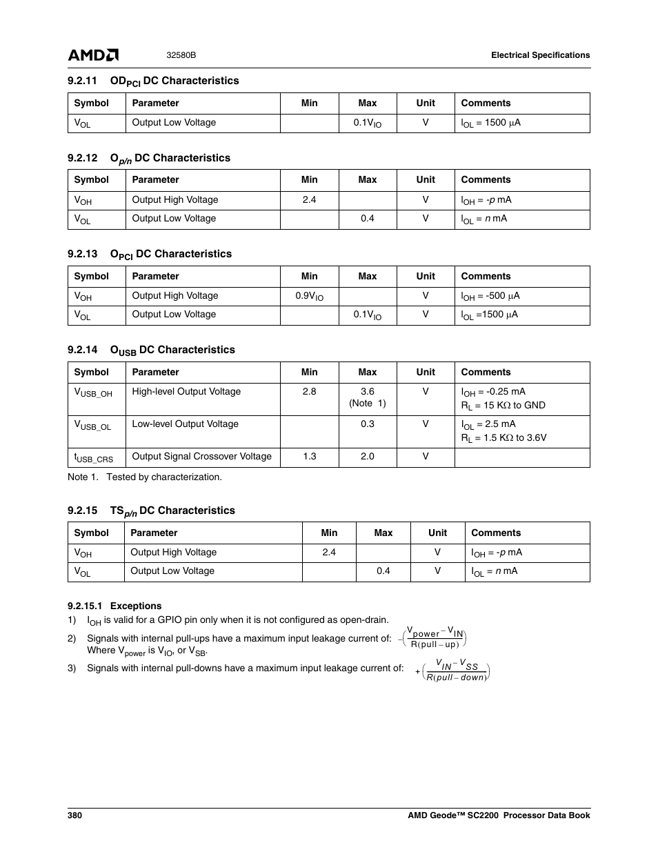 11 odpci dc characteristics, 12 op/n dc characteristics, 13 opci dc characteristics | 14 ousb dc characteristics, 15 tsp/n dc characteristics, 1 exceptions, Section 9.2.11, Section 9.2.12, Section 9.2.13, Section 9.2.14 | AMD Geode SC2200 User Manual | Page 362 / 429