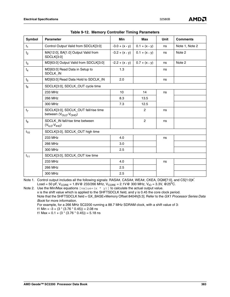 Table 9-17, Memory controller timing parameters | AMD Geode SC2200 User Manual | Page 365 / 429