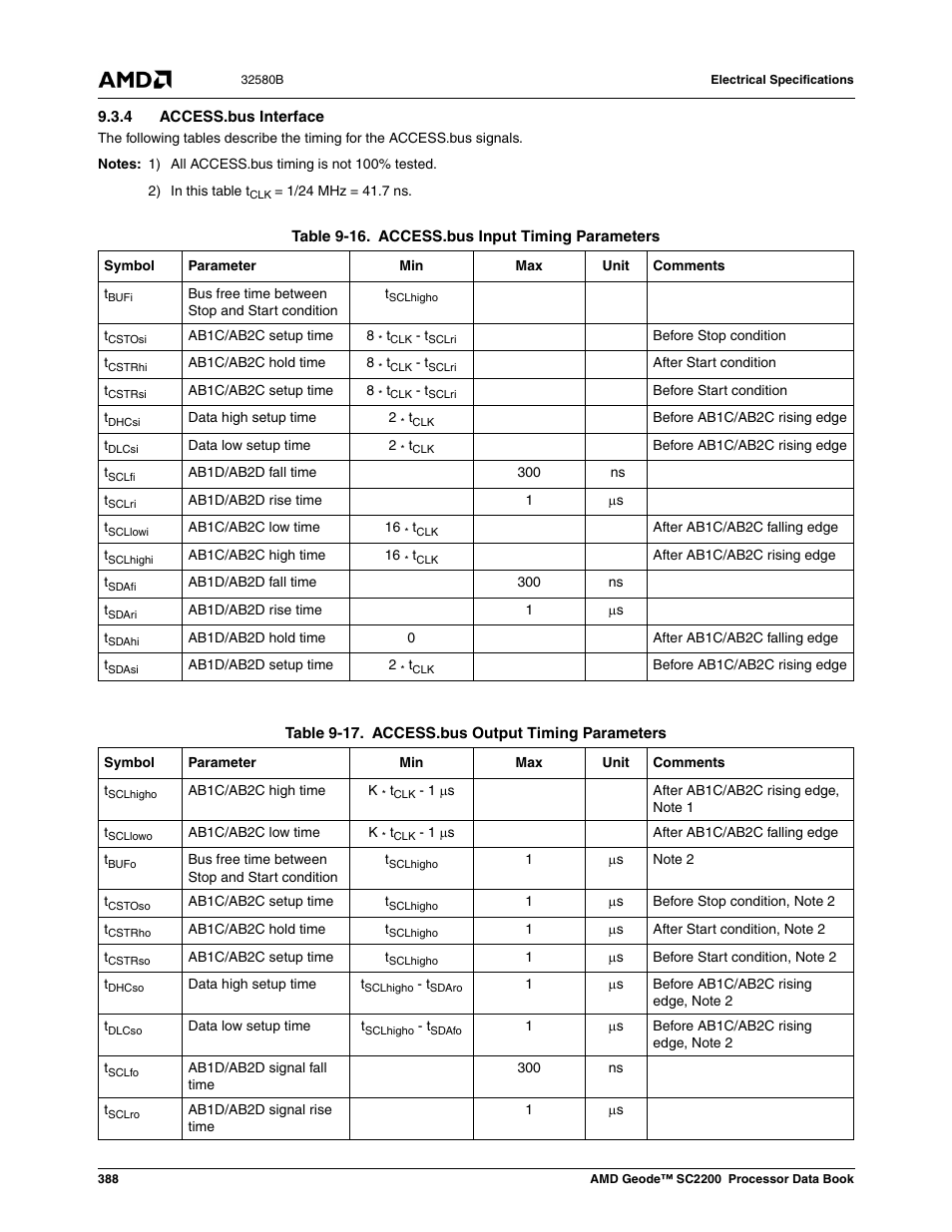 4 access.bus interface, Table 9-21, Access.bus input timing parameters | Table 9-22, Access.bus output timing parameters | AMD Geode SC2200 User Manual | Page 370 / 429