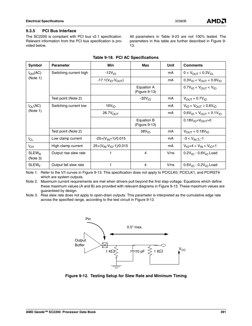 5 pci bus interface, Figure 9-12, Testing setup for slew rate and minimum timing | Table 9-23, Pci ac specifications | AMD Geode SC2200 User Manual | Page 373 / 429