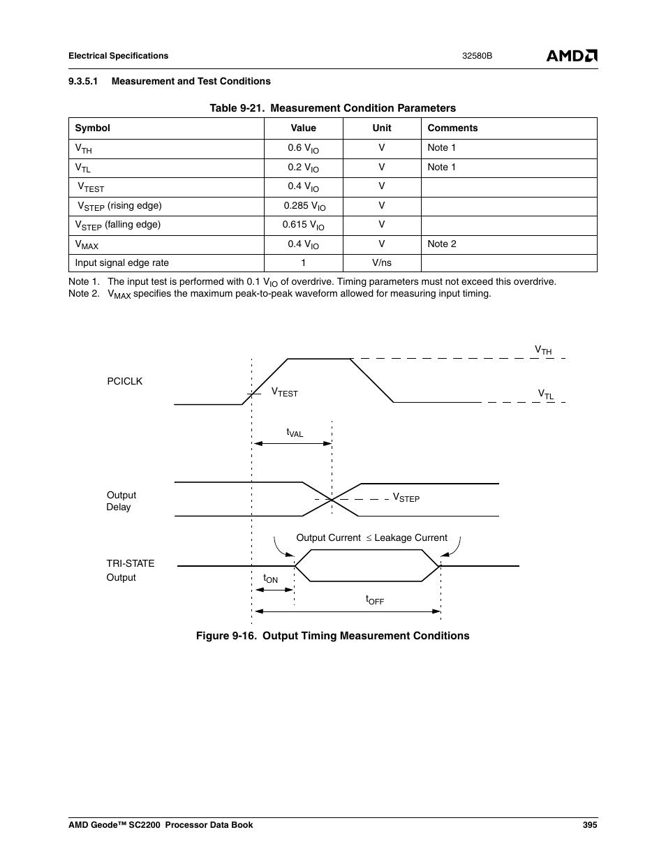 1 measurement and test conditions, Figure 9-16, Output timing measurement conditions | Table 9-26, Measurement condition parameters | AMD Geode SC2200 User Manual | Page 377 / 429