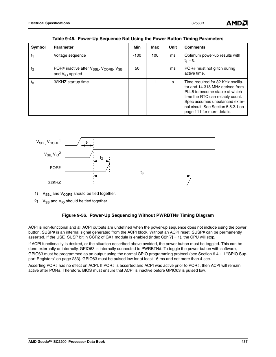 Figure 9-56, Power-up sequencing without pwrbtn# timing diagram, Table 9-50 | AMD Geode SC2200 User Manual | Page 419 / 429