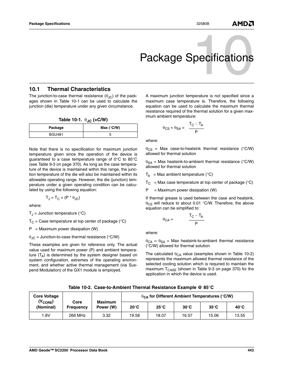 Package specifications, 1 thermal characteristics, Table 10-1 | Table 10-2, Case-to-ambient thermal resistance example @ 85×c, 0 package specifications | AMD Geode SC2200 User Manual | Page 423 / 429