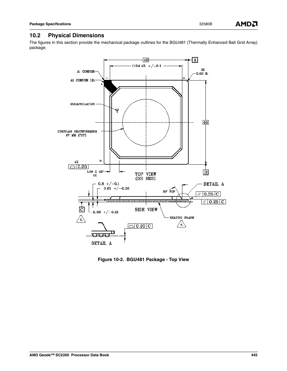 2 physical dimensions, Figure 10-2, Bgu481 package - top view | AMD Geode SC2200 User Manual | Page 425 / 429