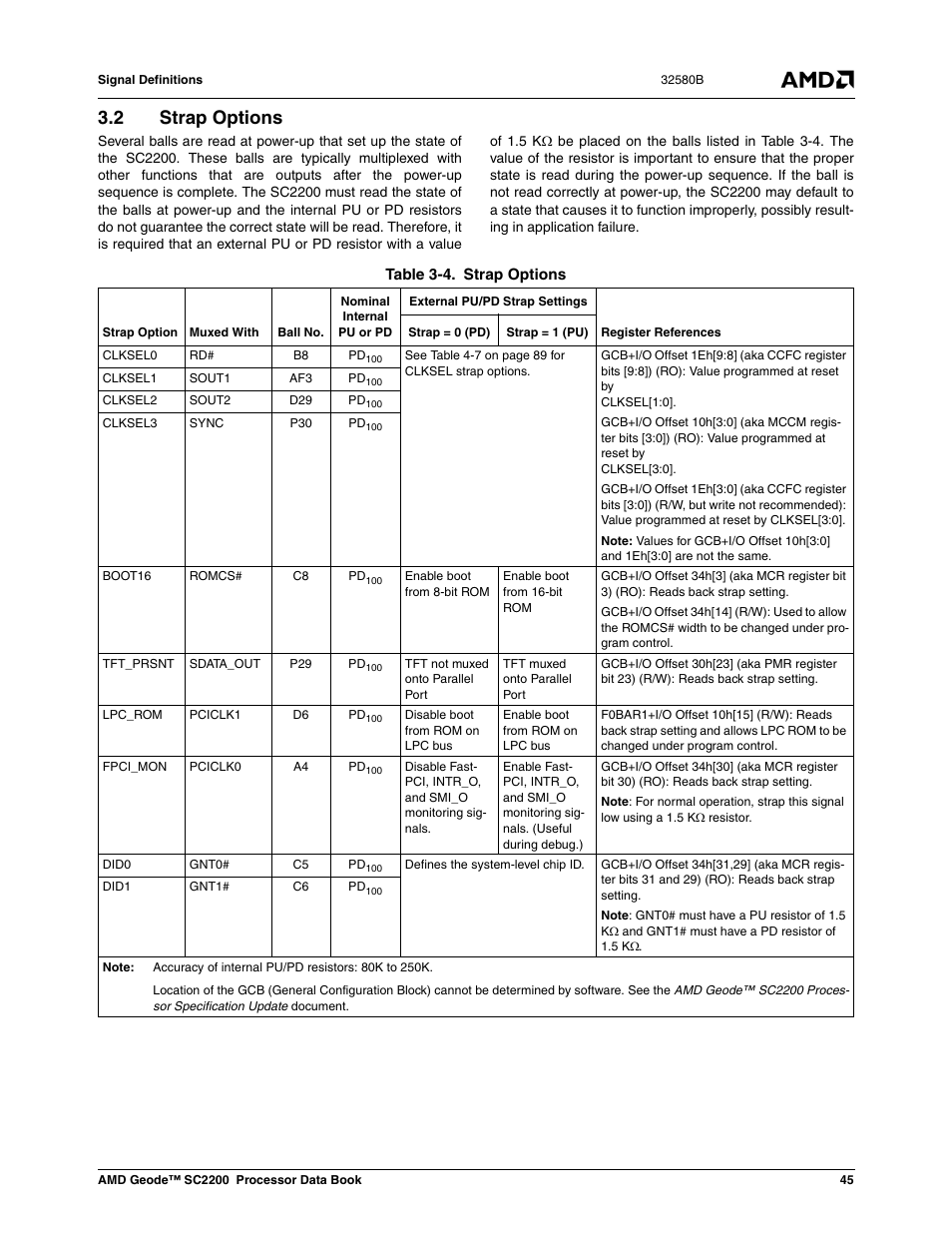 2 strap options, Table 3-4, Strap options | Section 3.2 "strap options": se | AMD Geode SC2200 User Manual | Page 43 / 429