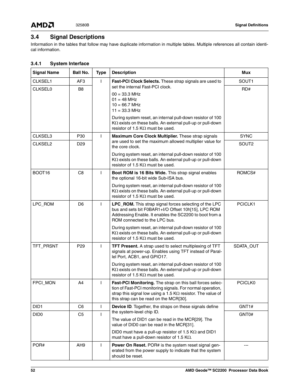 4 signal descriptions, 1 system interface, Section 3.4 "signal descriptions | AMD Geode SC2200 User Manual | Page 48 / 429