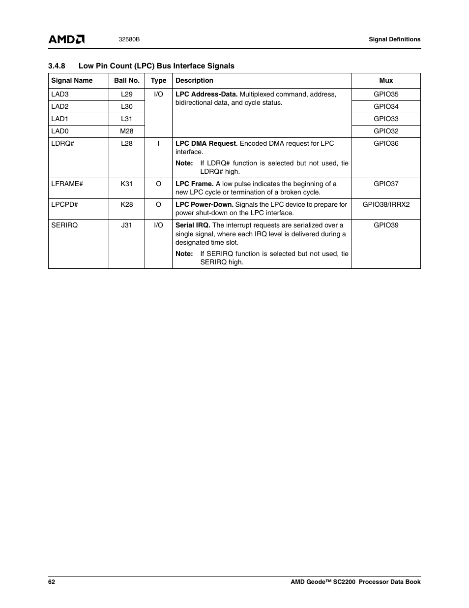 8 low pin count (lpc) bus interface signals, E section 3.4.8 "low pin count (lpc) bus inter | AMD Geode SC2200 User Manual | Page 58 / 429