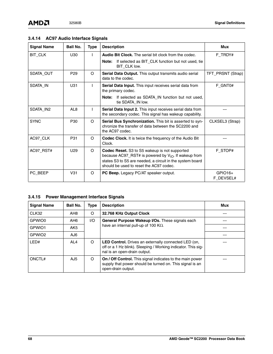 14 ac97 audio interface signals, 15 power management interface signals, Section 3.4.14 "ac97 audio interface | AMD Geode SC2200 User Manual | Page 64 / 429