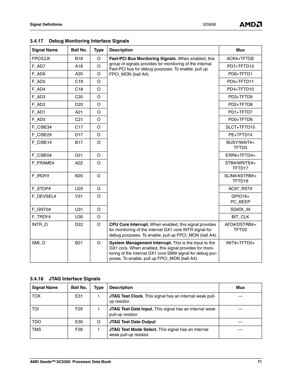 17 debug monitoring interface signals, 18 jtag interface signals | AMD Geode SC2200 User Manual | Page 67 / 429