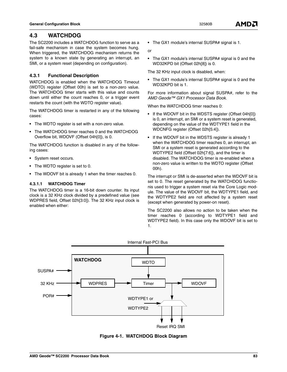 3 watchdog, 1 functional description, 1 watchdog timer | Figure 4-1, Watchdog block diagram, In section 4.3 | AMD Geode SC2200 User Manual | Page 79 / 429