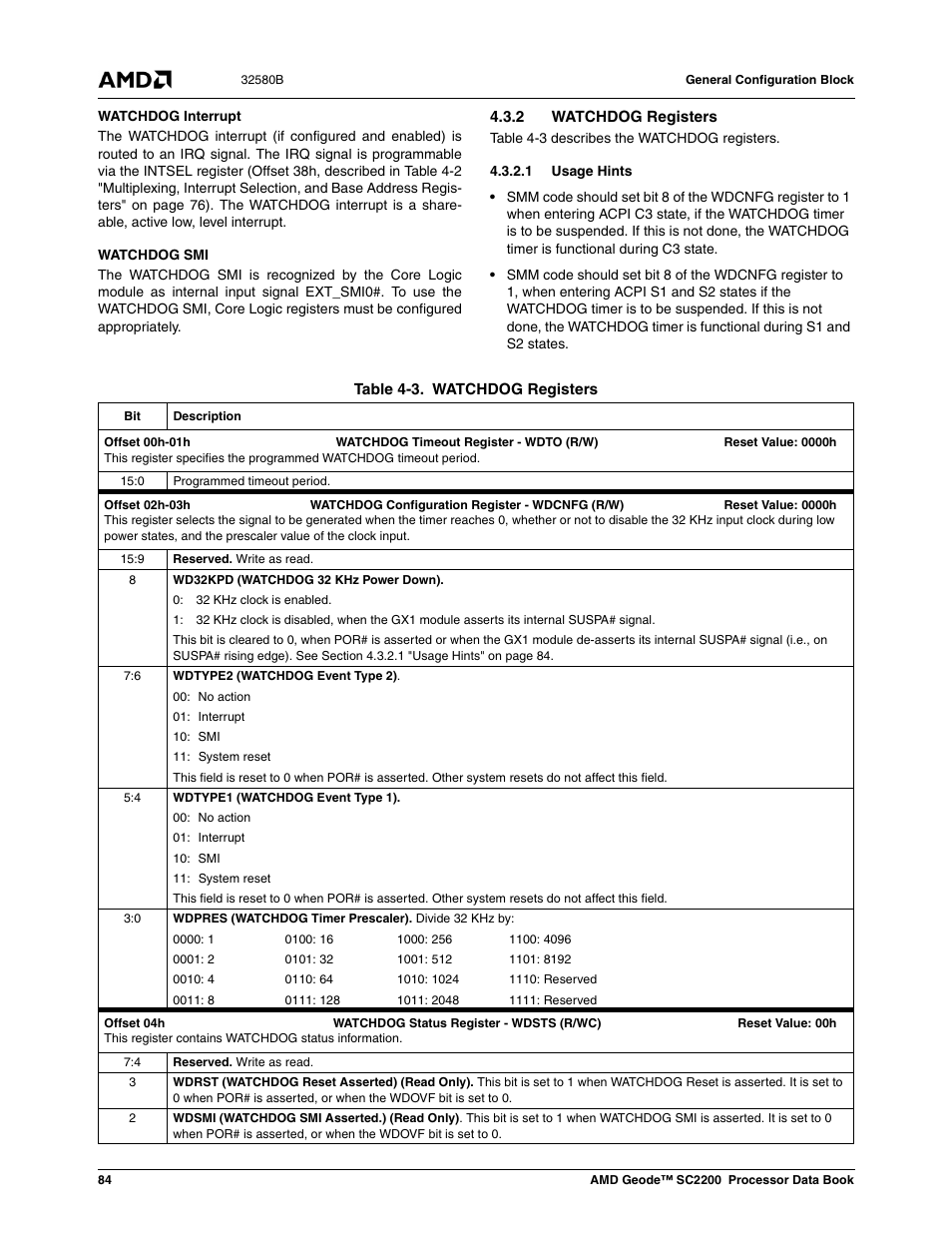 2 watchdog registers, 1 usage hints, Table 4-3 | Watchdog registers, Section 4.3.2 | AMD Geode SC2200 User Manual | Page 80 / 429