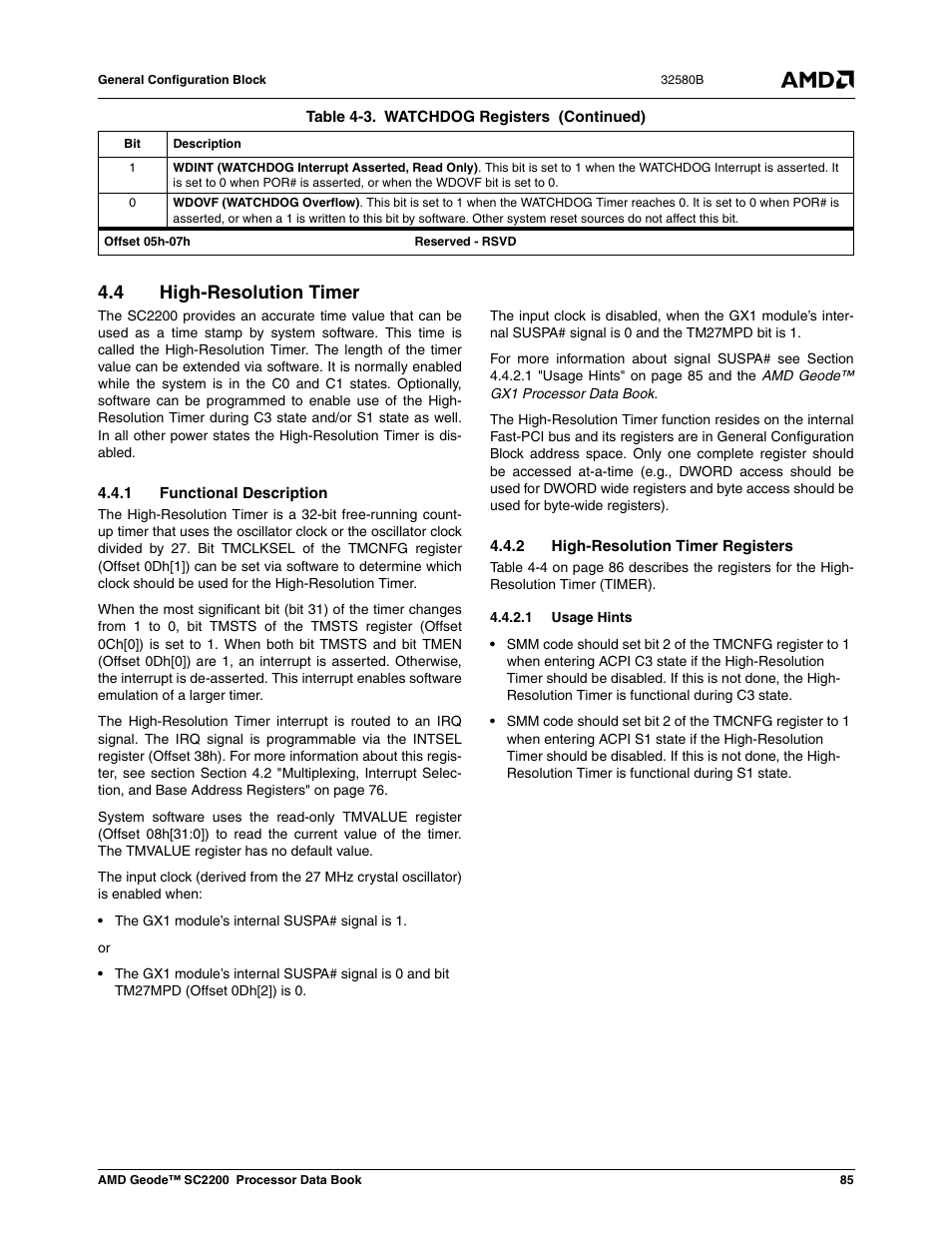 4 high-resolution timer, 1 functional description, 2 high-resolution timer registers | 1 usage hints, Section 4.4 | AMD Geode SC2200 User Manual | Page 81 / 429