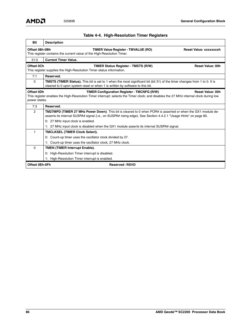 Table 4-4, High-resolution timer registers | AMD Geode SC2200 User Manual | Page 82 / 429