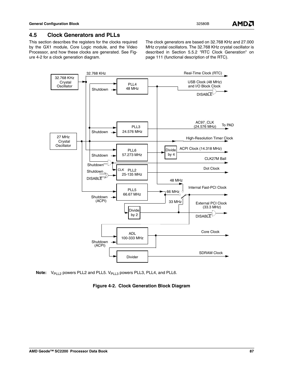 5 clock generators and plls, Figure 4-2, Clock generation block diagram | Section 4.5 "clock | AMD Geode SC2200 User Manual | Page 83 / 429