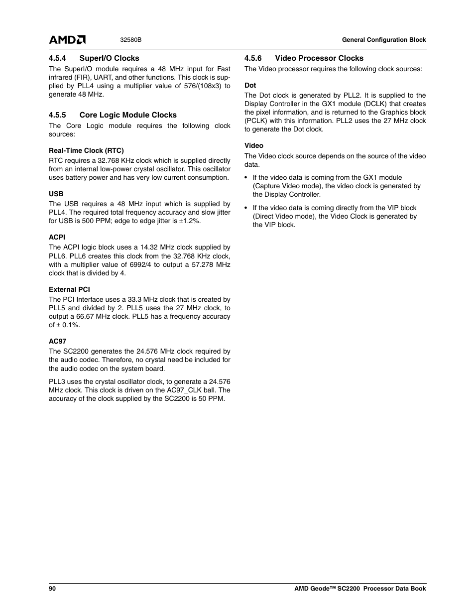 4 superi/o clocks, 5 core logic module clocks, 6 video processor clocks | AMD Geode SC2200 User Manual | Page 86 / 429