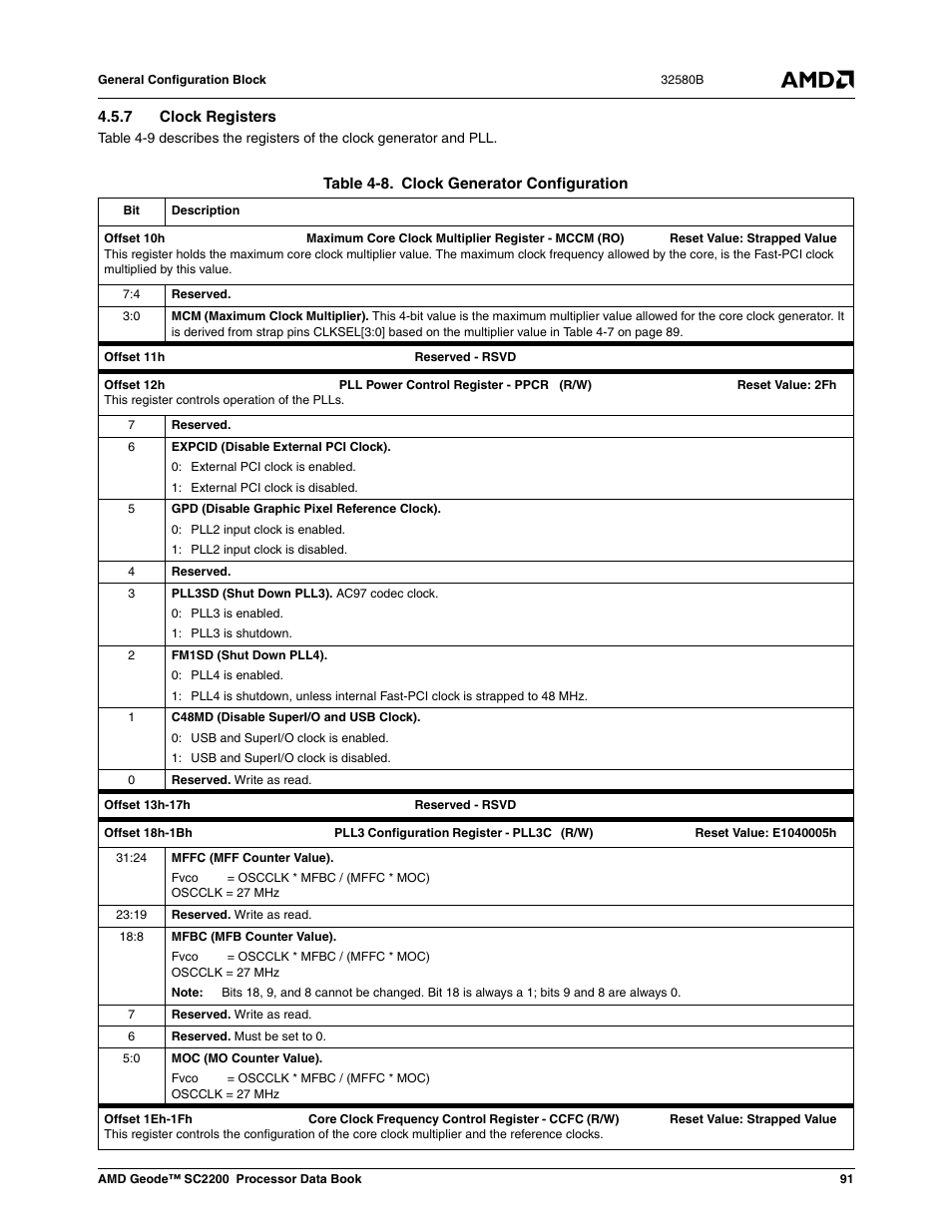 7 clock registers, Table 4-9, Clock generator configuration | AMD Geode SC2200 User Manual | Page 87 / 429