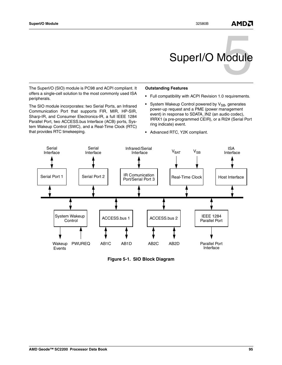 Superi/o module, Figure 5-1, Sio block diagram | 0 superi/o module | AMD Geode SC2200 User Manual | Page 89 / 429