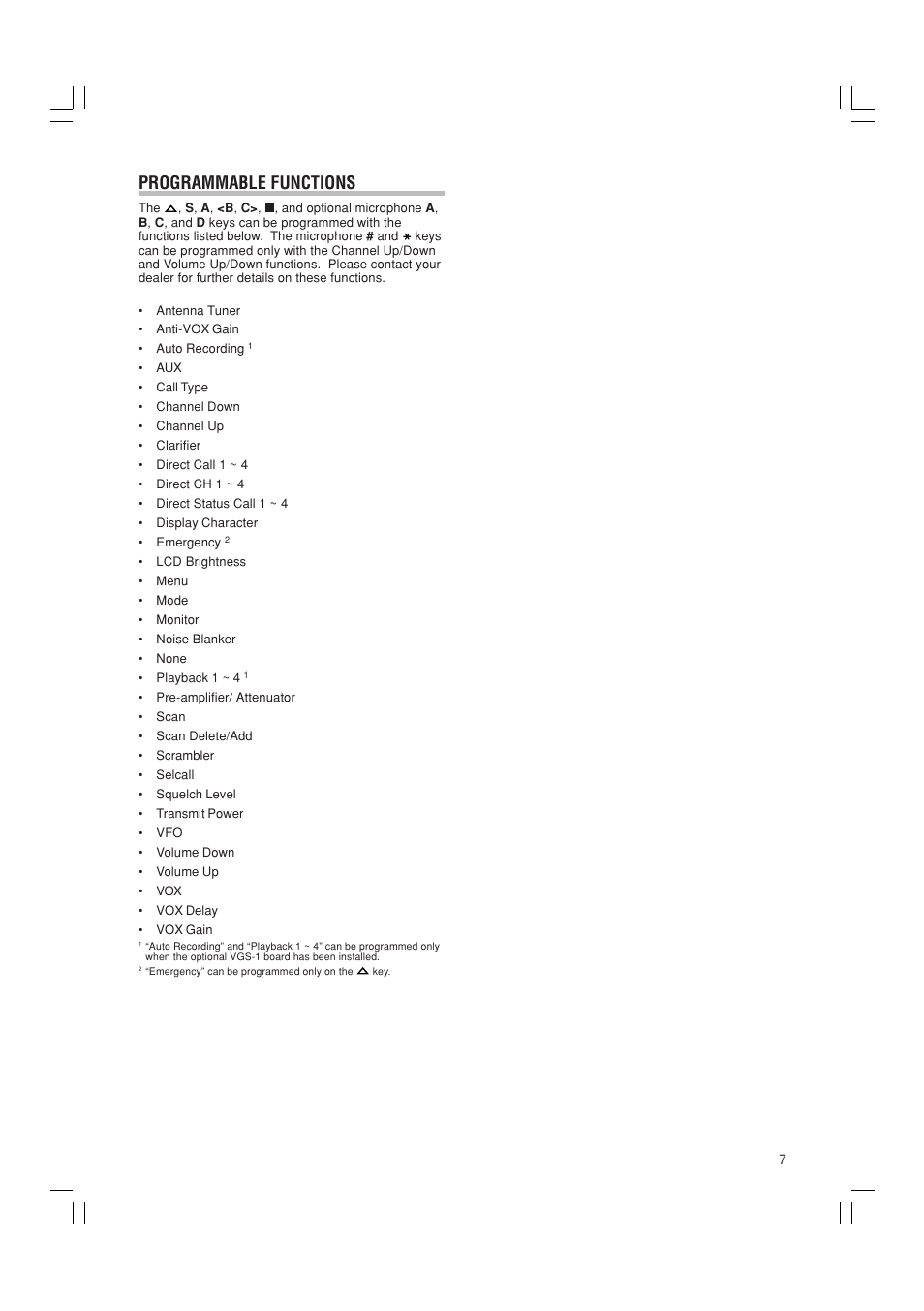 Programmable functions | Kenwood TK-90 User Manual | Page 11 / 26