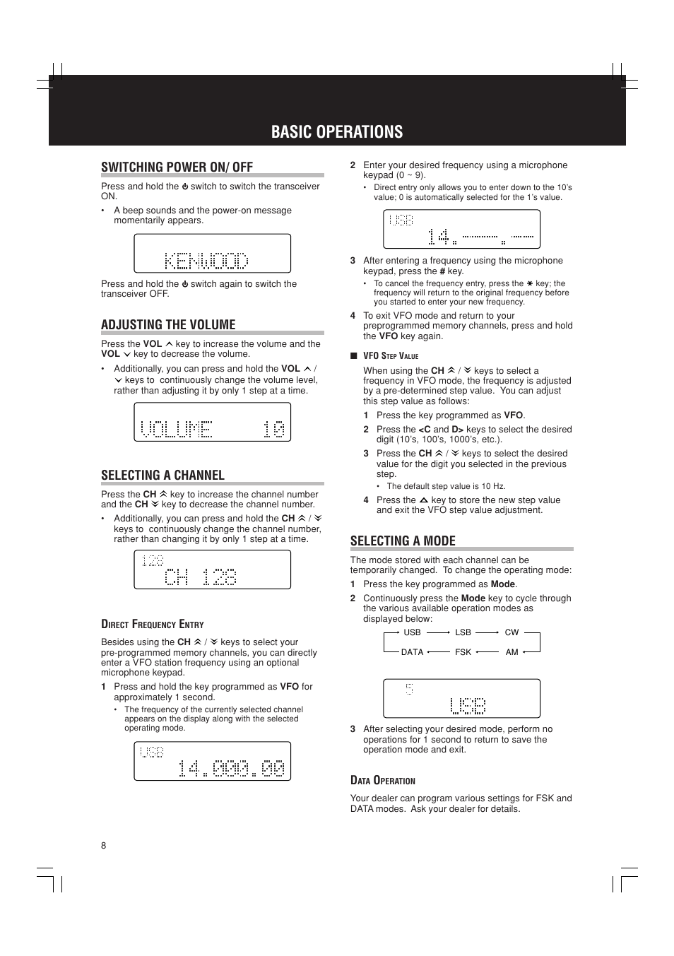 Basic operations, Switching power on/ off, Adjusting the volume | Selecting a channel, Selecting a mode | Kenwood TK-90 User Manual | Page 12 / 26
