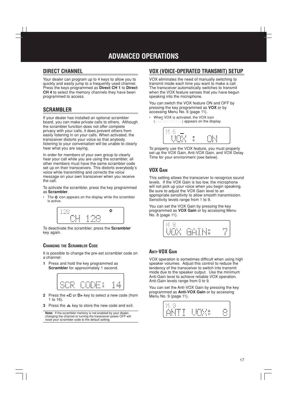 Advanced operations, Direct channel, Scrambler | Vox (voice-operated transmit) setup | Kenwood TK-90 User Manual | Page 21 / 26