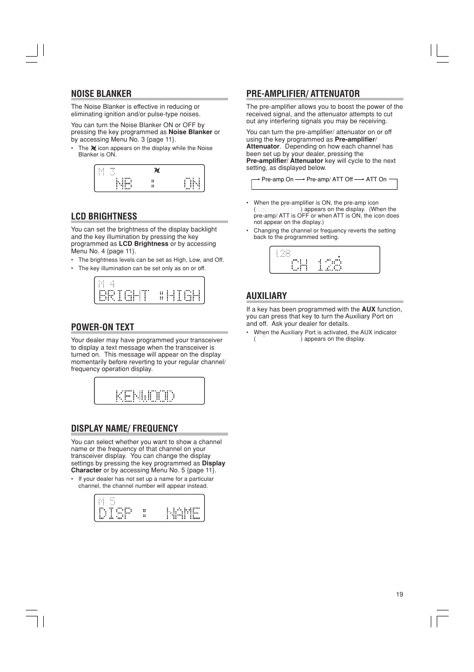 Power-on text, Pre-amplifier/ attenuator, Noise blanker | Lcd brightness, Display name/ frequency, Auxiliary | Kenwood TK-90 User Manual | Page 23 / 26