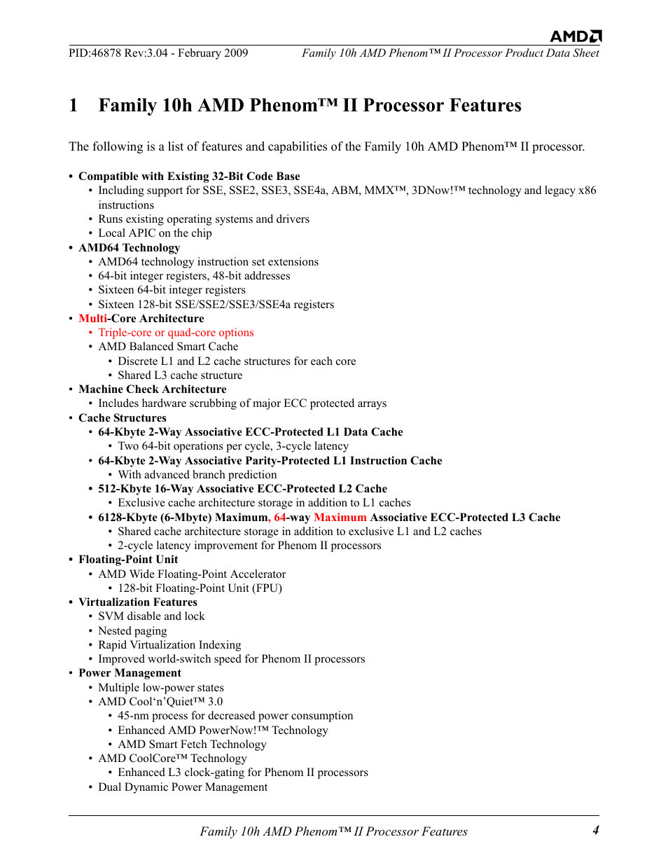 1 family 10h amd phenom™ ii processor features | AMD Phenom II User Manual | Page 4 / 6