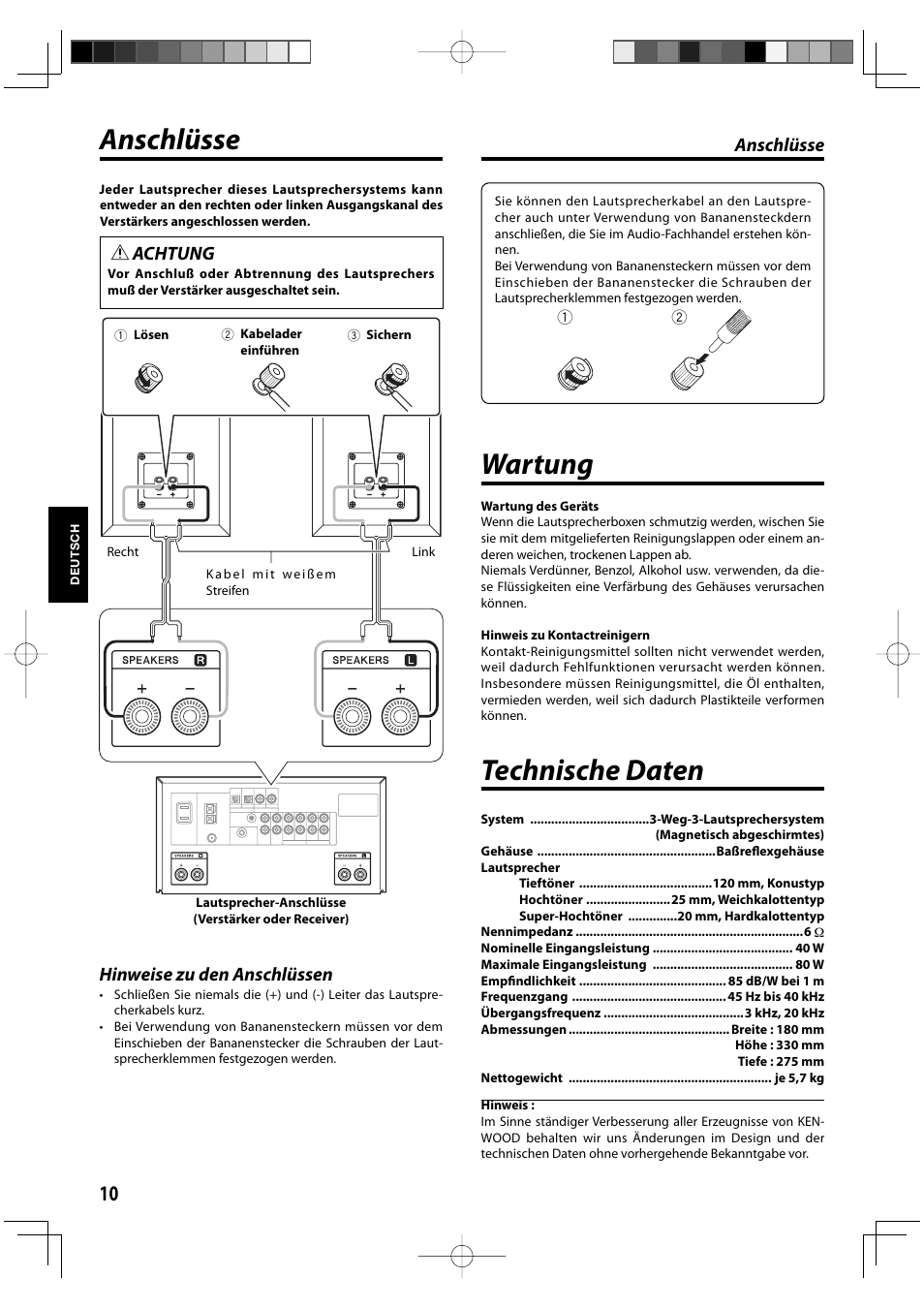 Technische daten, Anschlüsse, Wartung | Achtung, Hinweise zu den anschlüssen | Kenwood K series User Manual | Page 10 / 20