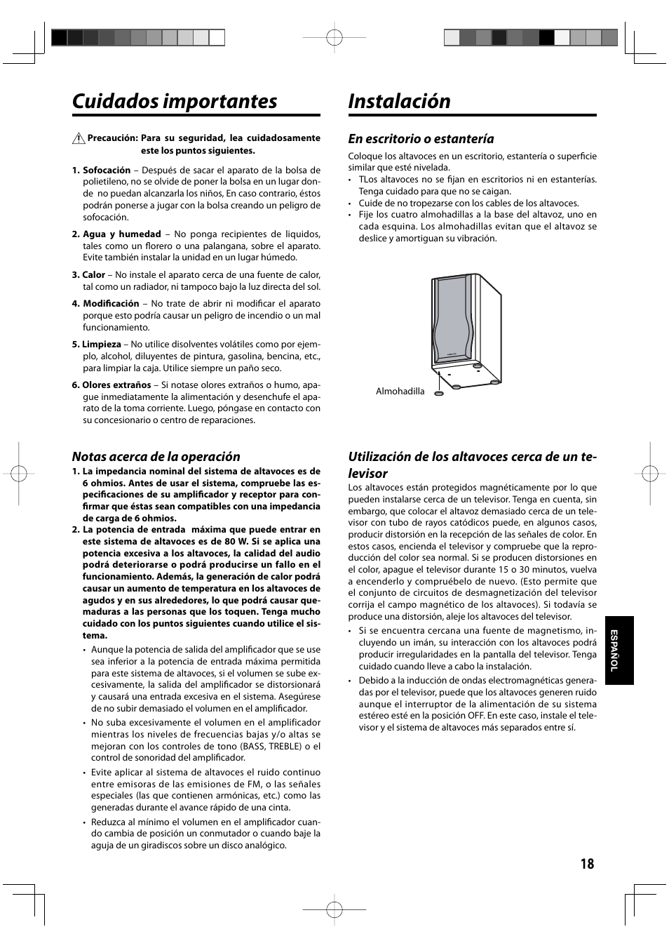 Cuidados importantes, Instalación, Notas acerca de la operación | En escritorio o estantería | Kenwood K series User Manual | Page 18 / 20