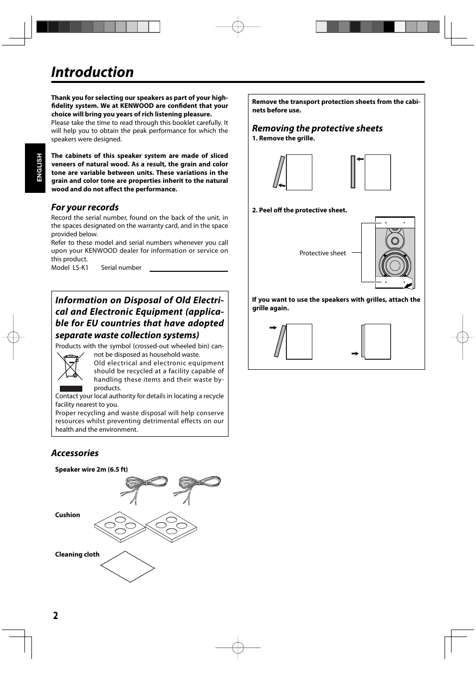 Introduction, Removing the protective sheets, Accessories | For your records | Kenwood K series User Manual | Page 2 / 20