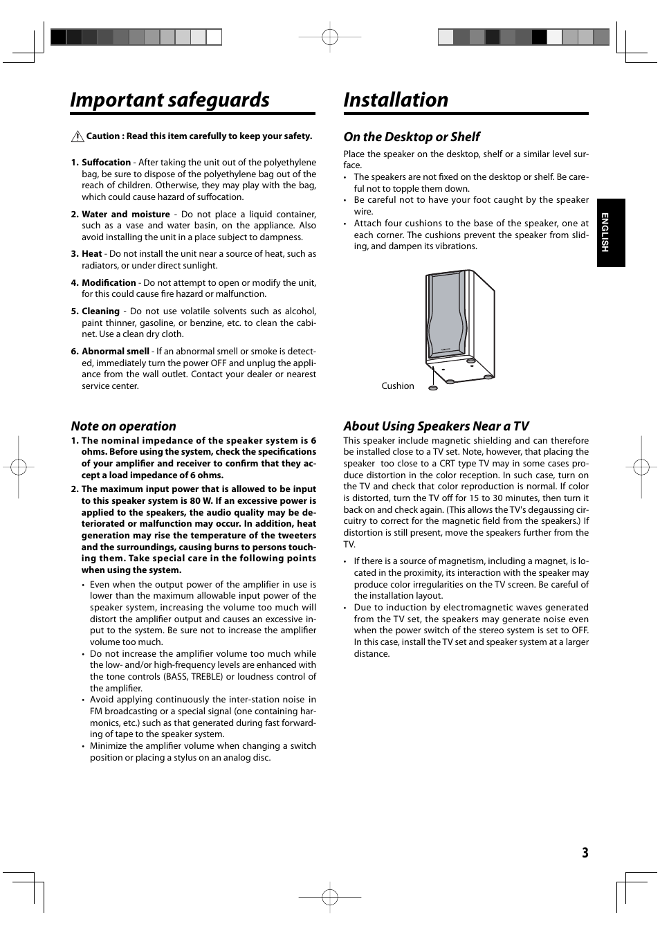 Important safeguards, Installation, About using speakers near a tv | On the desktop or shelf | Kenwood K series User Manual | Page 3 / 20